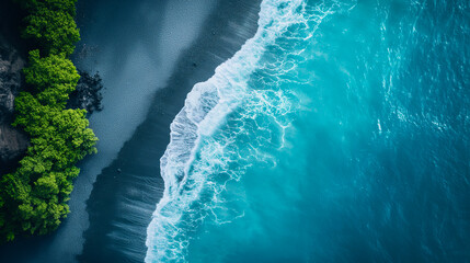 Bird's eye view of black sand beach and surf in Hawaii