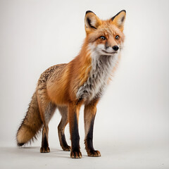 Fototapeta premium curious red fox standing with tail fluffed, isolated on white background