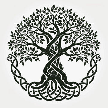 Celtic Tree Of Life With Intertwined Trunks And Branches In Symmetrical Design