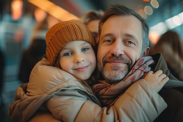 Airport Terminal Family Reunion Caring Father Meets His Cute Little Daughter and Beautiful Wife at the Boarding Lounge of Airline Hub He Picks Up and Dances with Lovely Child and Hugs His Partner
