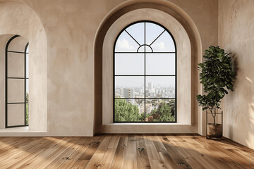 Fototapeta premium Minimalist Interior With Arched Windows And Cityscape View