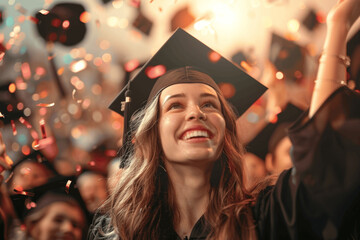 Happy Female Graduate Celebrating Graduation Ceremony With Confetti
