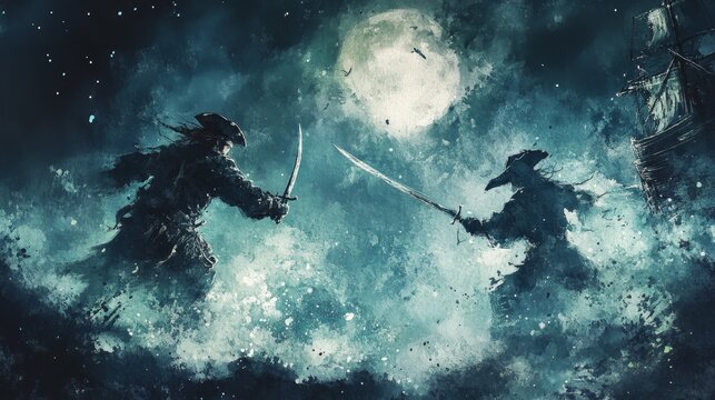 Water color of Epic pirate duel at night under a full moon, with dramatic waves and shadows creating a captivating action scene.