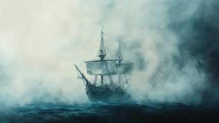 Water color of Mysterious ship sailing through foggy waters, evoking a sense of adventure and intrigue on the high seas.