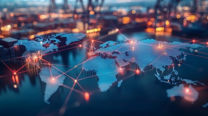 Stylized world map with glowing connections, representing global communication and modern technology advancements.