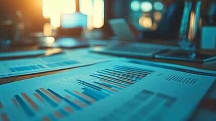 A close-up view of financial reports on a table, highlighting charts and data insights during a business meeting.