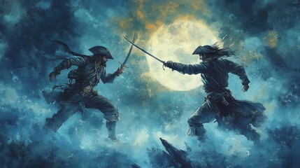 Water color of A dramatic pirate duel under a moonlit sky, showcasing swordplay and intense emotions in a mystical sea setting.