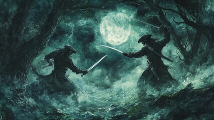 Water color of A dramatic duel between two figures under a full moon in a dark, enchanted forest setting, creating an intense atmosphere.