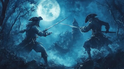 Water color of A dramatic duel between two pirates under a full moon, capturing the essence of adventure and mystery in a darkened forest.