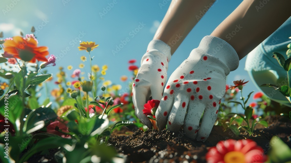 Sticker the hands planting flowers.