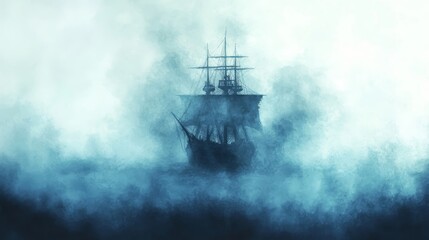 Obraz premium Water color of A mysterious ship emerges from the fog, evoking a sense of adventure and intrigue on a calm sea at dawn.