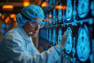 Doctor checking brain testing result with computer interface, Abstract Innovative technology in science and medicine concept