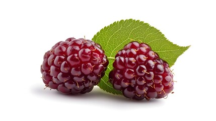 Ripe Red Pomegranates with Green Leaves on White Background
