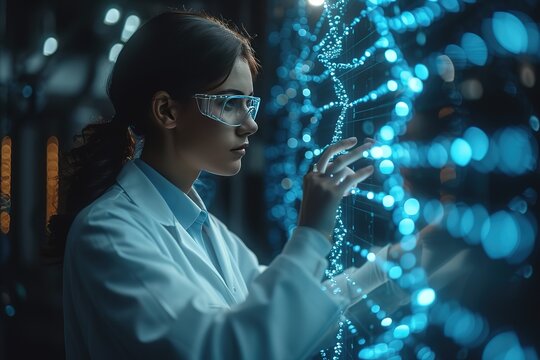 Doctor or scientist using smart visual interface screen,information molecule and DNA helix structure,virus,stem cells,cell sample ,concept healthcare,medical,science,technology,biology development