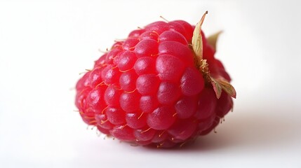 Close up of a single ripe and juicy red raspberry fruit on a white background