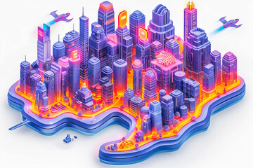 Futuristic cityscape on a floating island with flying cars