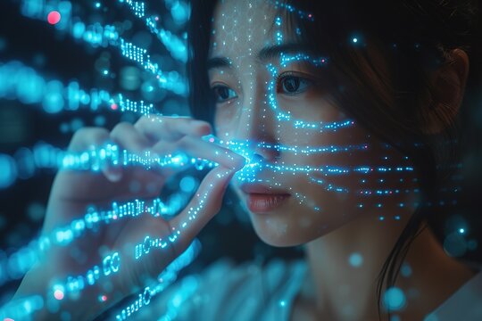 Doctor, thumb or fingerprint scan of dna, healthcare data or medical profile on interactive, futuristic or hospital hologram Zoom, nurse or woman and abstract touch for future cybersecurity wellness