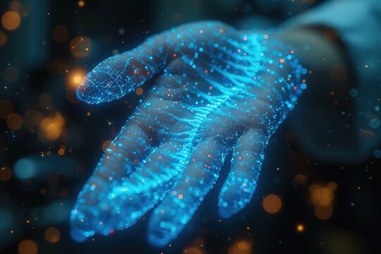 Doctor, thumb or fingerprint scan of dna, healthcare data or medical profile on interactive, futuristic or hospital hologram Zoom, nurse or woman and abstract touch for future cybersecurity wellness