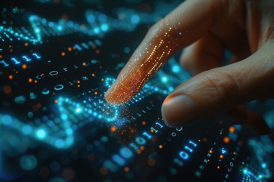 Doctor, thumb or fingerprint scan of dna, healthcare data or medical profile on interactive, futuristic or hospital hologram Zoom, nurse or woman and abstract touch for future cybersecurity wellness - Powered by Adobe