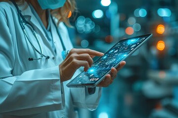 Doctor using digital tablet with medical infographic on virtual hologram display at hospital,Tele-medical health care service concept