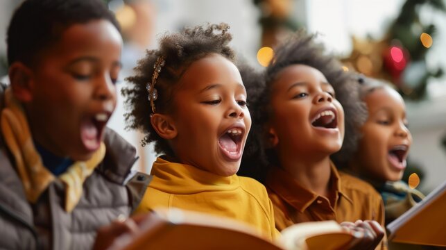 Joyful African American Children Singing Christmas Carols.