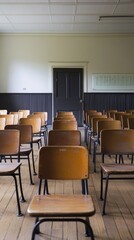 Fototapeta premium Middle and late 20th century, classroom, education, empty classroom, wooden chair, sense of history, design, school, classroom, cultural carrier, conference, library, wood, nobody, empty, luxury,