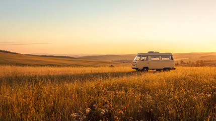 Fototapeta premium Camper van parked in a tranquil rural landscape.