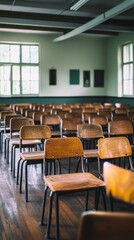 Middle and late 20th century, classroom, education, empty classroom, wooden chair, sense of history, design, school, classroom, cultural carrier, conference, library, wood, nobody, empty, luxury,