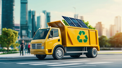 Naklejka premium Zero-Emission Clean Energy Recycling Truck in Vibrant Urban Setting with Solar Panels - Environmental Sustainability Concept