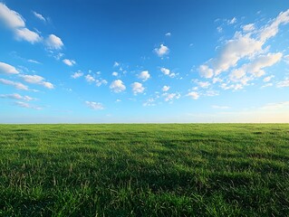 Obraz premium Vast Grassy Meadow Under Tranquil Blue Sky with Fluffy White Clouds