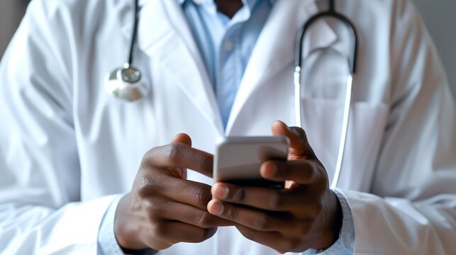 A close-up shot of an African doctors hands with smartphone.