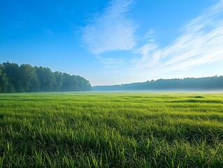 Obraz premium Serene Early Morning Landscape with Lush Green Meadow and Clear Blue Sky