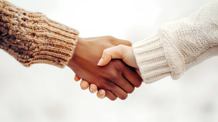 Close-up of two hands holding each other on a white background. Love, support, romantic, Valentine's Day concept. Generative AI.