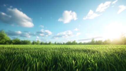 Picturesque Early Morning Landscape With Lush Green Meadow Blue Sky and Fluffy Clouds