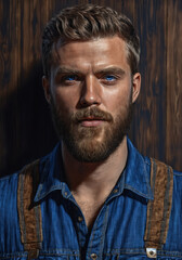 Fototapeta premium Portrait of a young man with a beard in a denim shirt against a wooden wall.