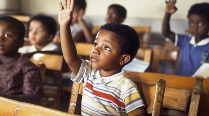 African-American black children raise their hands in class, and the child's eyes are filled with the desire for knowledge, school, and reading
