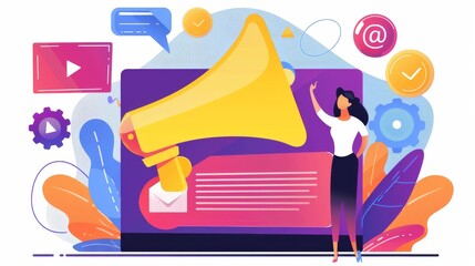 The Voice of Digital Marketing A vibrant megaphone broadcasts a symphony of online marketing icons, symbolizing the power of reaching your target audience in the digital age.