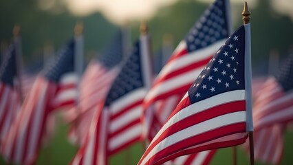Multiple American flags in a field, with the foreground flag in focus and the others blurred, symbolizing patriotism and national pride