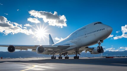Obraz premium Commercial Airplane Taking Off Against Cloudy Blue Sky and Sunlight