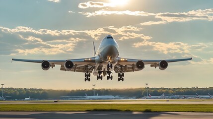 Commercial Passenger Jet Airplane Lifting Off Runway at Sunset