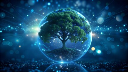 Obraz premium Tree Enclosed in Glowing Sphere, Symbolizing Environmental Protection and Global Harmony 