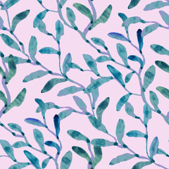Seamless pattern with green watercolor leaves. Repeating floral pattern hand painted in watercolor.