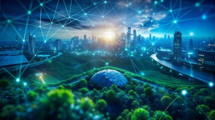 Futuristic Cityscape with Digital Network Overlays, Global Harmony Concept