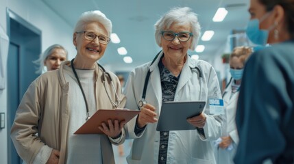Fototapeta premium elderly female patient Talk to a doctor Ready to receive good news and health results through tablets and advice in the treatment room of a modern hospital