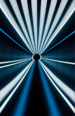 Blurred rays of light from cars passing along through the tunnel. View from above. Scenery.