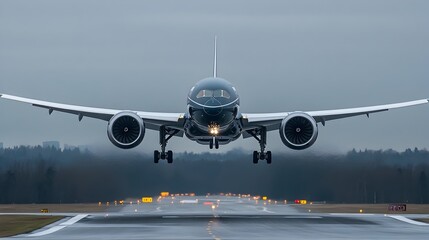Naklejka premium Commercial Airplane Taking Off From Airport Runway With Dramatic Sky Background