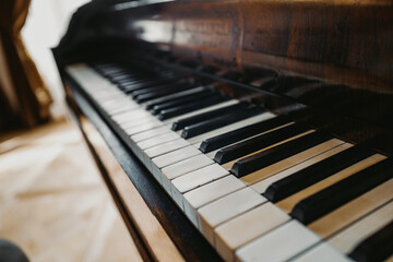 Grand piano keys close up. Music lesson