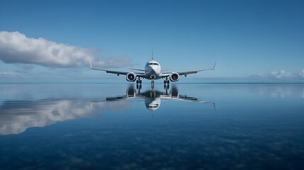 Naklejka premium Majestic Commercial Jet Reflected in Tranquil Waters Against Scenic Sky