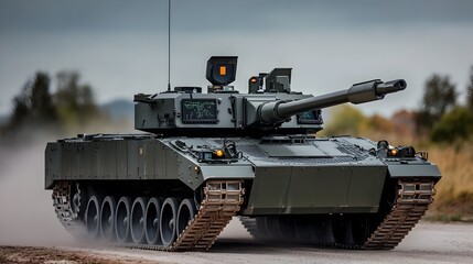 Modern Heavy Military Tank on Terrain During Training Exercise