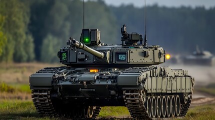 Fototapeta premium Powerful Military Tank Maneuvering Across Rugged Terrain During Combat